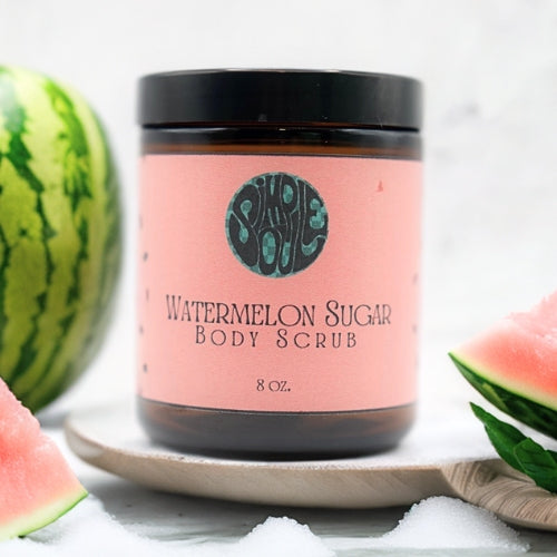 Simple Soul Skincare Watermelon Sugar Scrub product image featuring fresh watermelon background